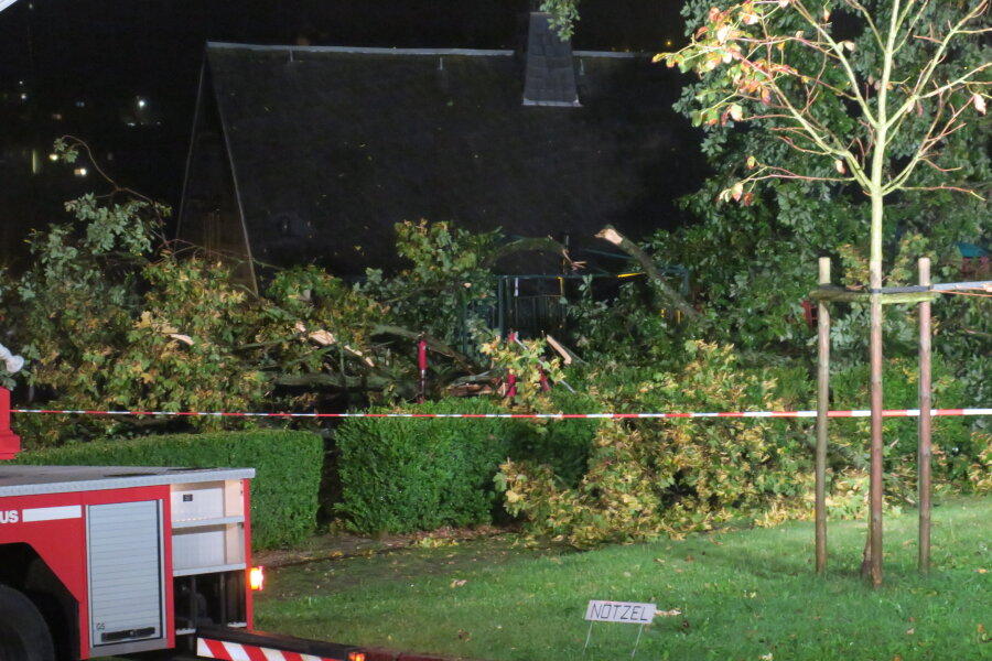 Unwetter zieht über Region - Dächer abgedeckt, Bäume umgestürzt - In Schneeberg drohte ein Baum am Kirchplatz auf ein Wohnhaus zu fallen. Ein großer Ast war schon abgebrochen.