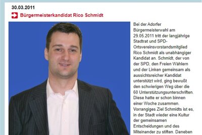 Veraltete Homepage der SPD Adorf: Internetseite seit 2011 nicht aktualisiert - selbst der Bürgermeister fehlt - Mit diesem Bild ging Rico Schmidt 2011 ins Bürgermeisterrennen. Inzwischen ist das langjährige Stadtoberhaupt optisch sichtbar gereift.