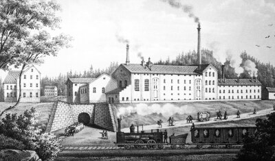 Viele sahen erstmals eine Eisenbahn - Ein Personenzug fährt an der Cainsdorfer Societätsbäckerei und -brauerei vorbei nach Schwarzenberg. Die Gebäude an der Brauereistraße wurden inzwischen abgebrochen (Aufnahme um 1860). 
