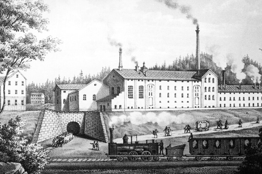 Ein Personenzug fährt an der Cainsdorfer Societätsbäckerei und -brauerei vorbei nach Schwarzenberg. Die Gebäude an der Brauereistraße wurden inzwischen abgebrochen (Aufnahme um 1860). 