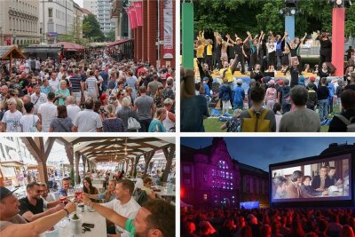 Vier Chemnitzer Veranstaltungen werden eins: "Summer in the City" - Brauereimarkt, Parksommer, Filmnächte und Weindorf (im Uhrzeigersinn, beginnend oben links), sollen auch in diesem Jahr wieder die Innenstadt beleben. 