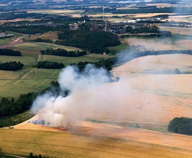 Vier Hektar Getreide verbrannt - 
              <p class="artikelinhalt">Dieses Bild bot sich am Sonntag Stefan Seifert aus Lichtentanne, als er mit einem Ultraleichtflugzeug über das brennende Feld flog.</p>
            