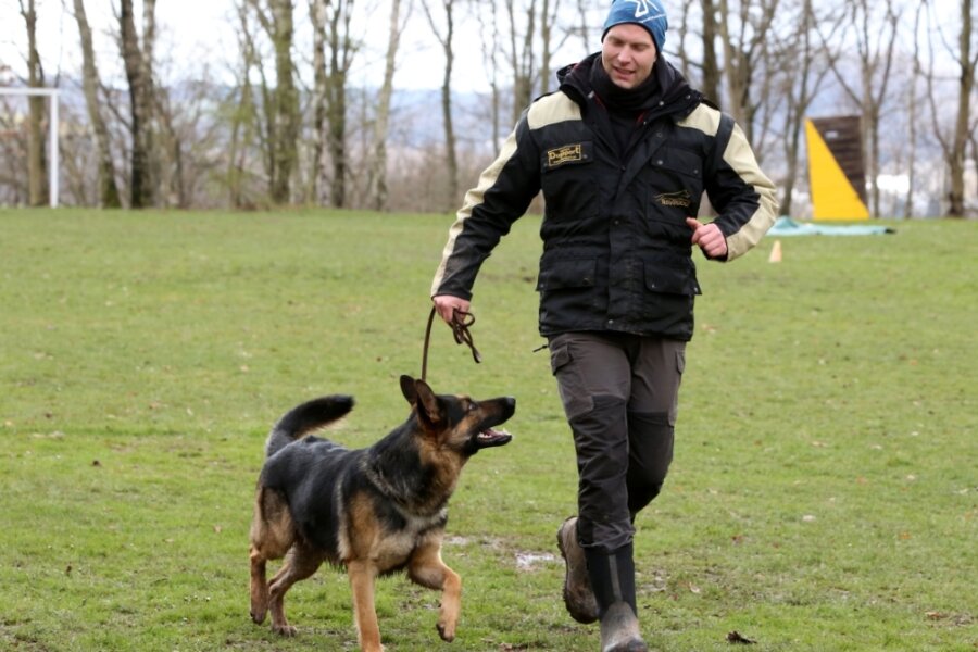 Peter Kaspereit, Vorstandsmitglied des RSV Lugau, führt seinen zweijährigen Rüden Kuno von Siegerblut auf den Platz. Der Hund machte am Wochenende seinem Namen alle Ehre. 