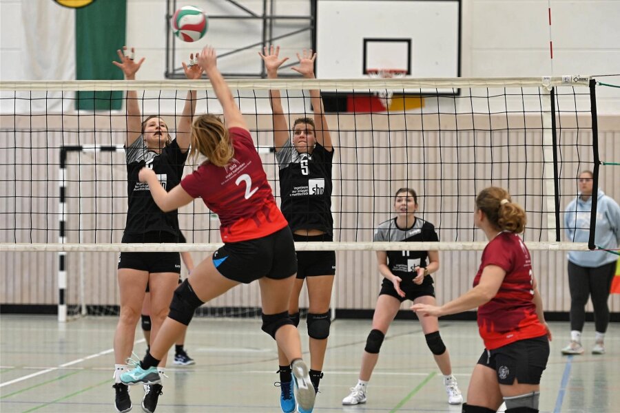 Volleyball: Frauen des SV Union Milkau erkämpfen zum Jahresabschluss vier Punkte - Die Milkauerinnen Melanie Schwalbe (l.) und Virginia Thieme blockten viele Angriffe der Burgstädter Frauen und gewannen mit 3:0.