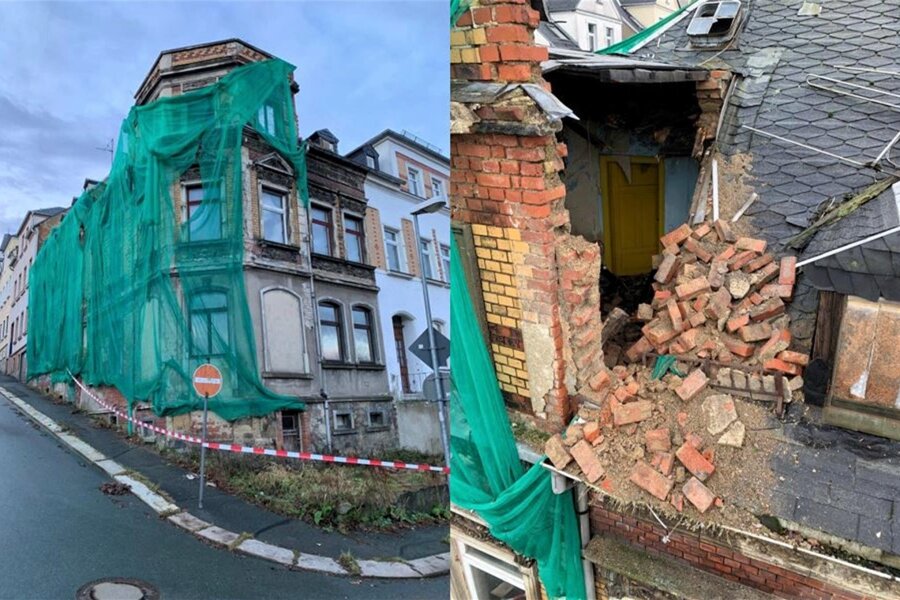Vollsperrung: In Mylau stürzt eine Brache ein - Am Haus Herbert-Andreae-Straße 2 in Mylau ist eine Wand im Dachgeschoss eingestürzt.