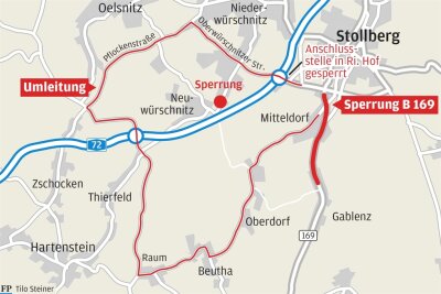 Vollsperrungs-Hickhack auf Bundesstraße 169 bringt Erzgebirger auf die Palme - Die offizielle Umleitung wegen der Baumaßnahme der B 169 südlich von Stollberg.