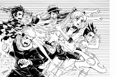 Von "Naruto" bis "One Piece": Warum man die fünf erfolgreichsten Serien aus Japan unbedingt kennen muss - Oben im karierten Umhang, das ist Tanjiro Kamado aus "Demon Slayer". Rechts daneben: Monkey D. Ruffy aus "One Piece". Unten links kämpft Yuji Itadori aus "Jujutsu Kaisen", rechts neben ihm Naruto Uzumaki aus "Naruto" und Sailor Moon. Nur: Wer ist das ganz rechts?i