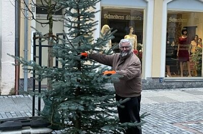 Walter Peter von der Initiative Stadtmittmacher hat Frank Winkler geholfen, die Weihnachtsbäume in Mittweida entlang der Rochlitzer Straße und der Weberstraße aufzustellen.