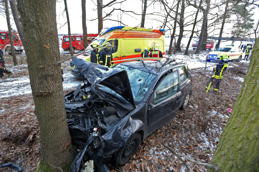 VW fährt in Baumgruppe - Fahrerin im Krankenhaus - 