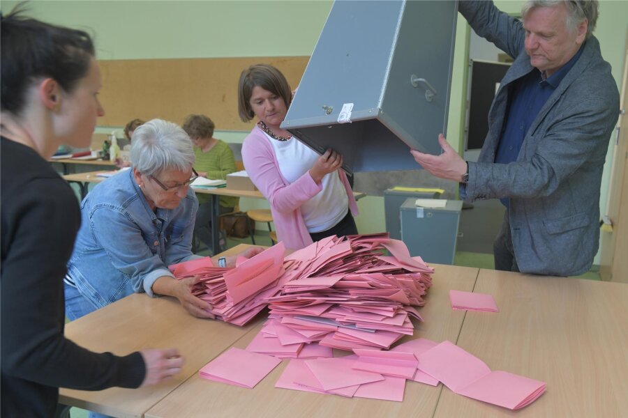 Wahl-Sonntag in Freiberg und Umgebung: Das erste Ergebnis einer Stadtratswahl steht fest - Im Wahllokal in der Zetkinschule in Freiberg ist kurz nach 18 Uhr eine Wahlurne geleert worden. Im Bild die Auszählung.