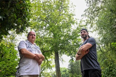 Waldsiedlung-Bewohner in Lichtenau schlagen Alarm: Bäume dürfen nicht gefällt werden - Richard Dietrich (links) und Nachbar Martin Elix stehen vor einer Buche, die gefällt werden soll, weil dort ein Wohnhaus gebaut werden soll.