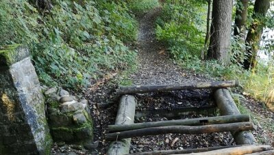 Wanderweg mit einer Lücke - Am Wanderweg von Niederwiesa nach Flöha (sogenannter Peitzweg) nahe dem Zusammenfluss von Zschopau und Flöha ist eine Holzbrücke über einem etwa einen Meter tiefen Graben kaputt. 
