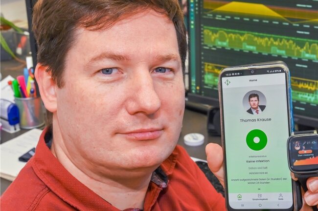 Warnt vor Corona und Co: Uhr aus dem Vogtland in nächster Entwicklungsphase - Offenbar ist Thomas Krause gesund: Seine Warnuhr hat zumindest keine verdächtig hohe Körpertemperatur gemessen, die über die dazu gehörende App als Infektionswarnung angezeigt werden müsste.
