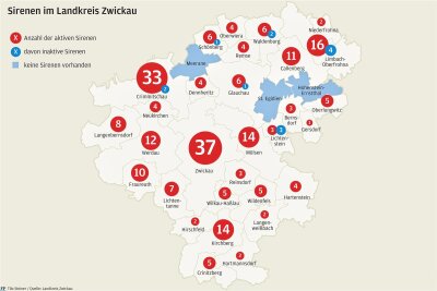 Warntag am Donnerstag: Sirenen-Netz im Landkreis Zwickau ist lückenhaft - Die Karte zeigt die Anzahl der Sirenen in den Städten und Gemeinden im Landkreis Zwickau.