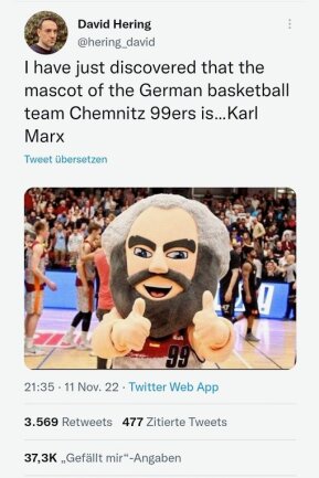 Warum das Maskottchen der Niners Chemnitz im Internet für Furore sorgt - Der Marx-Tweet. 