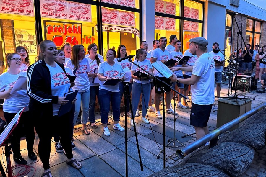 Warum die Fans des FSV Zwickau mit dem Generalmusikdirektor das Singen üben - Der Kurvenchor des FSV Zwickau bei seinem Auftritt während der Fête de la Musique vor dem Projekt 46 in der Zwickauer Hauptstraße.
