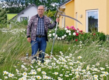 Warum ein Arzt im Ruhestand Sense statt Rasenmäher benutzt - Der Internist in Ruhestand Klaus Stiegler ist 80 Jahre alt und setzt in seinem Hohenstein-Ernstthaler Garten regelmäßig die Sense an - aus Überzeugung.