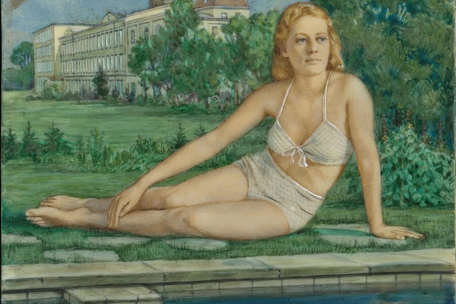 Warum ein Bayer sich für Bikinis aus Sachsen interessiert - Das vermutlich erste Bademodenmodel der Welt: Evelyn Fischer, gemalt 1943, vor dem Fabrikgebäude ihres Vaters Julius Leo Fischer in Oberlungwitz.