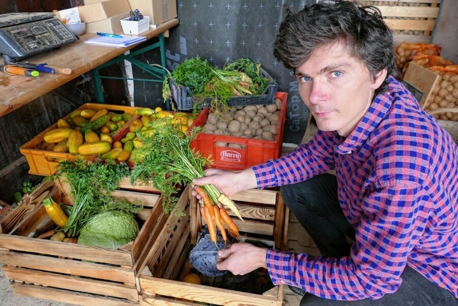 Warum ein Maschinenbauer aus Gornau jetzt nur noch Kartoffeln und Gemüse anbauen will - Für seine Kundschaft packt Benjamin Arnold frisches Obst und Gemüse in Kisten. 