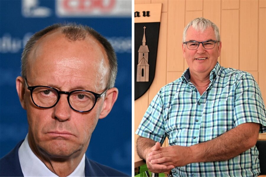 Warum Friedrich Merz nicht Bürgermeister von Rossau wird - CDU-Bundesvorsitzender Friedrich Merz (l.) bekam zur Bürgermeisterwahl in Rossau eine Stimme. Amtsinhaber Dietmar Gottwald wurde mit 95 Prozent wiedergewählt.
