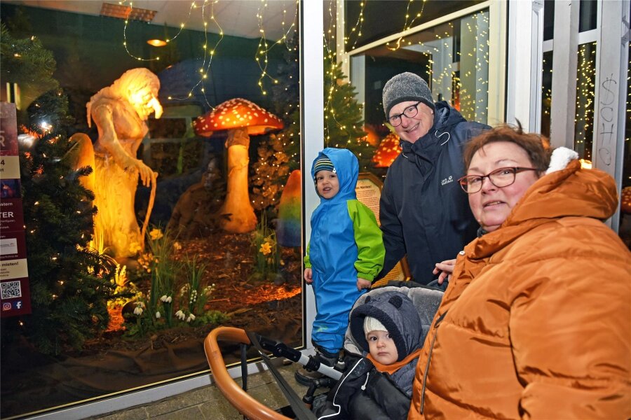 Warum in Limbach-Oberfrohna jetzt auch Hexen zum Schaufenster-Model werden können - In Limbach-Oberfrohna erstrahlt die Innenstadt zur Weihnachtszeit auch durch Funkel-Fenster. Die Kinder Johnathan und Florian (Foto vorn von links) sind mit den Großeltern auf Märchenschau-Tour.