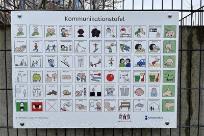 Was hinter neuen Symboltafeln auf Zwickauer Spielplätzen steckt - Diese „Kommunikationstafel“ befindet sich seit gut zwei Wochen am Spielplatz „Spiegelstraße“.