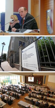 Was machen Sie eigentlich den ganzen Tag, Herr Landrat? - Landrat Christoph Scheurer repräsentiert den Landkreis bei Pressekonferenzen und anderen Anlässen (oben). Er ist Chef der 1400 Mitarbeiter des Landratsamtes (Mitte) und leitet die Sitzungen des Kreistags, die in der Glauchauer Sachsenlandhalle stattfinden. 