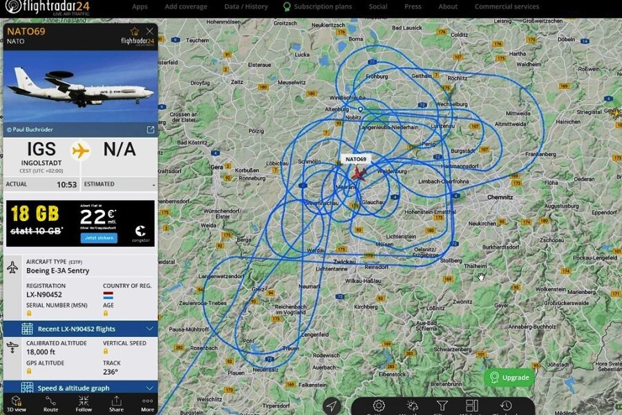 Schleifen über Südwestsachsen: Flugbewegungen einer Nato-Maschine am Dienstag, aufgezeichnet auf der Webseite Flightradar24.
