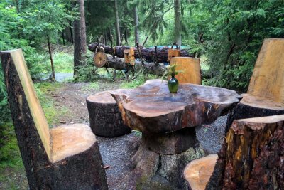 Was sich im Forstbezirk Adorf neben Bäumen noch alles im Wald befindet und erhalten werden muss - Von Rolf Wurlitzer in Abstimmung mit dem Sachsenforst errichtete Sitzgruppe in Bad Elster.