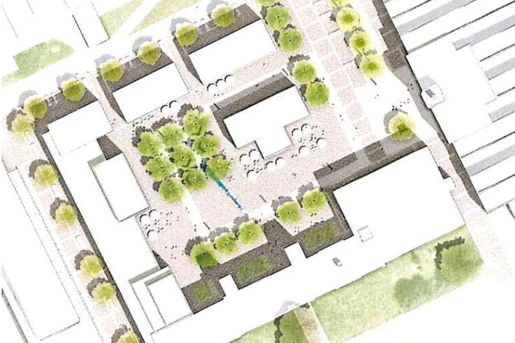 Der Gestaltungsplanentwurf für den künftigen Marktplatz der Stadt Flöha auf dem Gelände der Alten Baumwolle. Der Marktplatz soll auch das verbindende Element für die einzelnen Bausteine des neuen Stadtzentrums in Flöha sein.