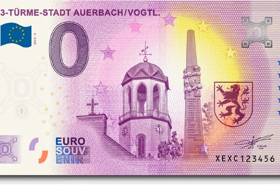 Welches Motiv der zweite Auerbacher Souvenirgeldschein zeigt - Der zweite Souvenirgeldschein von Auerbach mit Laurentiuskirche und Postmeilensäule.