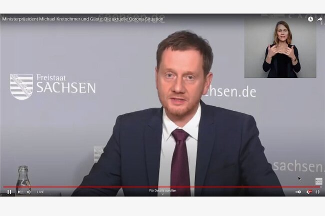 Ministerpräsident Michael Kretschmer (CDU) in der Videokonferenz am Dienstagabend. 