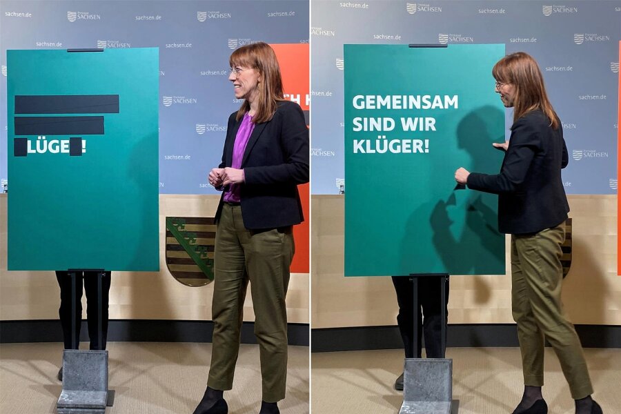 Wenn aus „Lüge“ „Klüger“ wird: Was eine Ministerin in Sachsen mit einer neuen Kampagne erreichen will - Sachsens Demokratieministerin Katja Meier (Grüne) am Montag bei der Präsentation einer neuen Kampagne für mehr Bürgerbeteiligung.