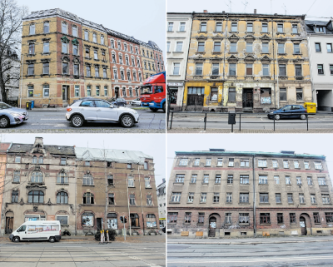 Wenn Immobilien zum Problem werden - Diese vier Immobilien gehören zu einem Paket, das für 1,89 Millionen Euro verkauft werden soll. Oben: Kolpingstraße38 (links) und Marienthaler Straße 101. Unten: Leipziger Straße 131 (links) und 138. 