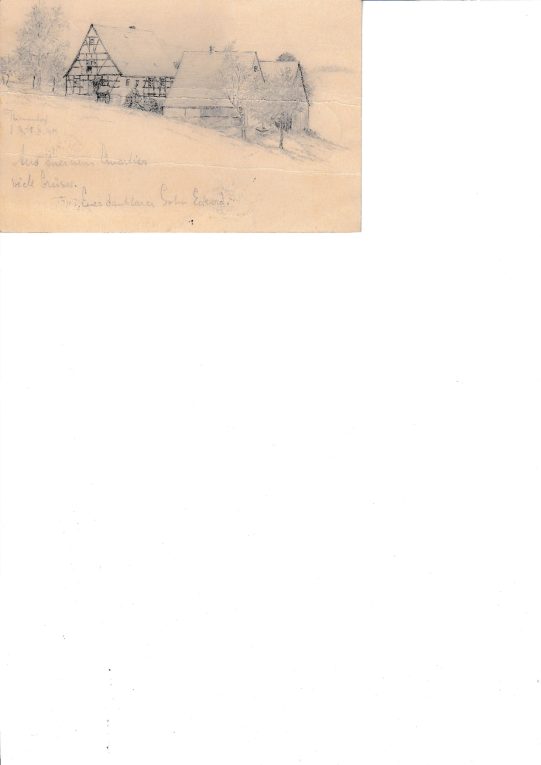Wer kennt diesen alten Bauernhof in Breitenau? - Die Postkarte aus dem Jahr 1903 zeigt die Zeichnung eines Bauernguts und Grußworte von einem Sohn an seine Eltern. 