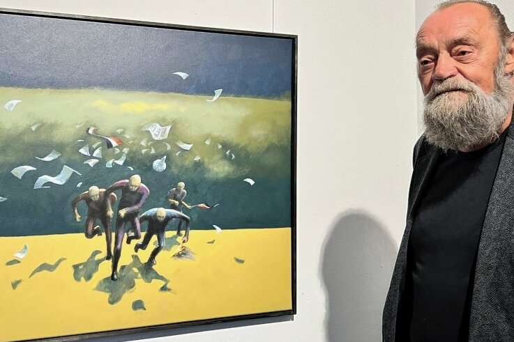 Werdauer Künstler gewinnt Graupner-Preis - Jürgen Szajny mit seinem Werk "Wer Wind sät, wird Sturm ernten", mit dem er den Graupner-Preis 2022 gewonnen hat.