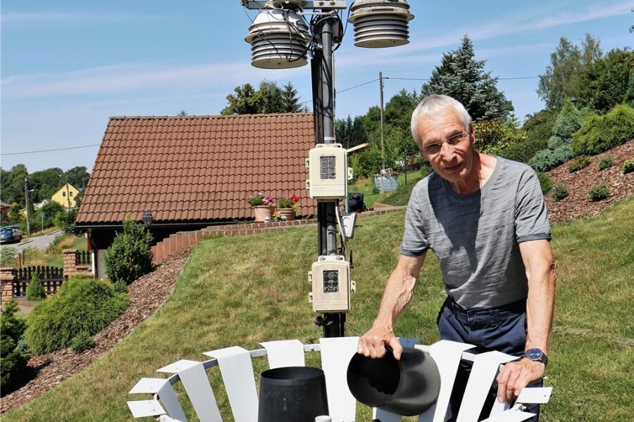 Dr. Volkmar Dunger (66) ist seit dem 14. Lebensjahr Hobby-Meteorologe. Auf seinem Grundstück in Langenau hat er eine kleine Meßstation aufgebaut. Hier zeigt er eine Kippwaage, mit der man die Niederschlagsmenge feststellen kann. 
