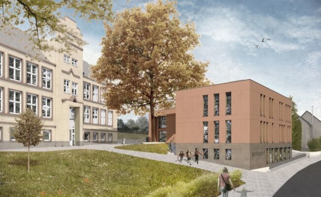 Wie der neue Hort vor der Schule in Mohsdorf aussehen soll - So soll der Hort-Neubau vor der Grundschule in Mohsdorf aussehen. Die Fassade wird rötlich gestaltet und passt laut Architekten damit zu den Fensterfaschen der Schule und zur Buche. 