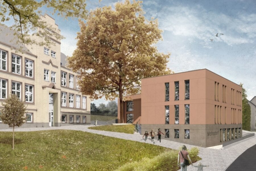 Wie der neue Hort vor der Schule in Mohsdorf aussehen soll - So soll der Hort-Neubau vor der Grundschule in Mohsdorf aussehen. Die Fassade wird rötlich gestaltet und passt laut Architekten damit zu den Fensterfaschen der Schule und zur Buche. 