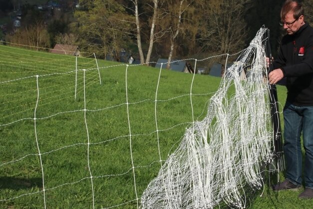 Wie sich Landwirte auf Wölfe vorbereiten - Netze zur Wolfsabwehr: Ronny Fiedler, Mitarbeiter der Firma Horizont, zeigte ein Netz mit weiten Maschen, das Kleintiere durchschlüpfen lässt.
