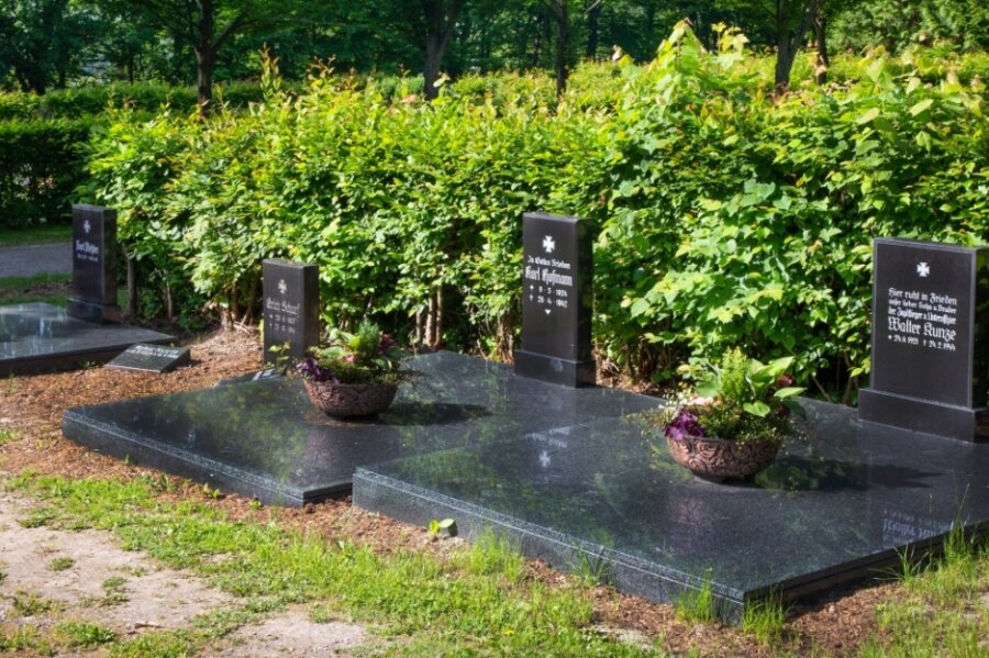 Wieso aus fünf Kriegsgräbern vier werden - Die neu gestalteten Gräber der gefallenen Falkenauer auf dem örtlichen Friedhof. 