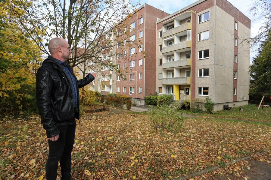 Wilkau-Haßlauer Wohnungsgesellschaft kann erstmals seit 20 Jahren wieder investieren - WGWH-Geschäftsführer Jens Jung vor dem Block in der Beethovenstraße, der umgebaut werden soll.