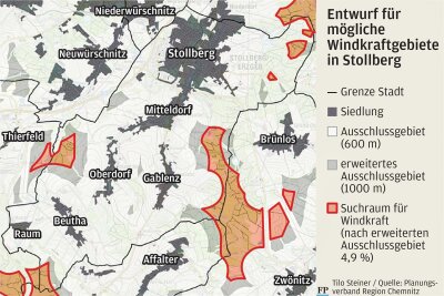 Windkraft-Pläne im Erzgebirge: Was ein OB kritisiert – es ist nicht der Standort - In Stollberg sind die farbig markierten Gebiete als potenzielle Standorte für Windräder vorgesehen. Dabei handelt es sich um einen Vorentwurf. Dazu kann sich die Stadt nun äußern, allerdings in einem engen Zeitfenster.