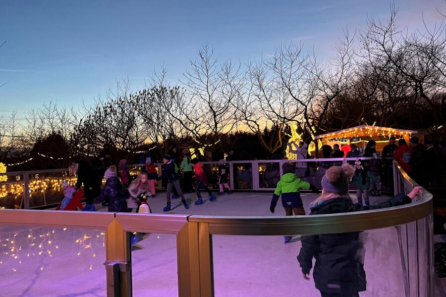 Winterzauber in Lichtenau: Sonnenlandpark lockt mit Lichtshow und Eisbahn - Eine Attraktion in der Wintersaison ist die Kunsteisbahn. Schlittschuhe können für 3 Euro ausgeliehen werden. Ringsum erstrahlt der Sonnenlandpark bei Einbruch der Dunkelheit mit etwa 500.000 LEDs.