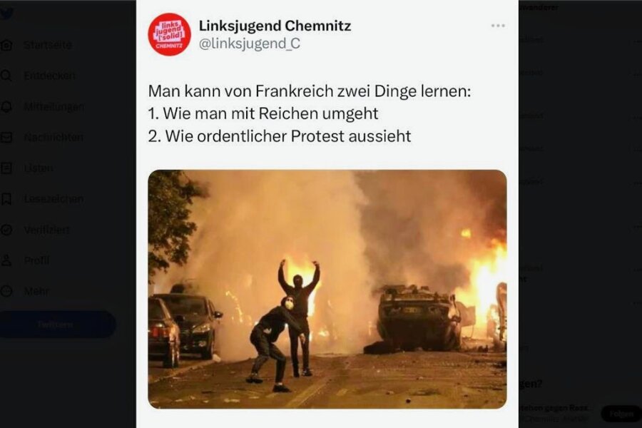 Wirbel um Tweet zu Ausschreitungen in Frankreich: Linke kritisiert Linksjugend in Chemnitz - Screenshot eines Tweets der Linksjugend Chemnitz vom 30.06.2023.