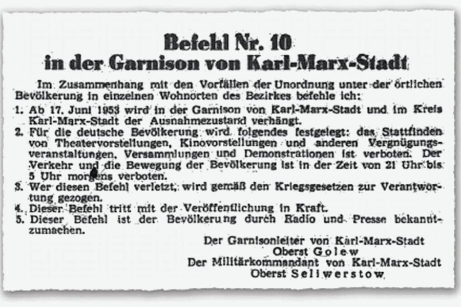 Wo blieb der Aufstand vom 17. Juni 1953 in Karl-Marx-Stadt? - Obwohl es am 17. Juni 1953 rund um das in Karl-Marx-Stadt umbenannte Chemnitz nach Einschätzung der Staatssicherheit „im wesentlichen ruhig“ geblieben war, wurde auch hier der Ausnahmezustand verhängt. Ausschnitt aus der „Volksstimme“ vom 18. Juni.