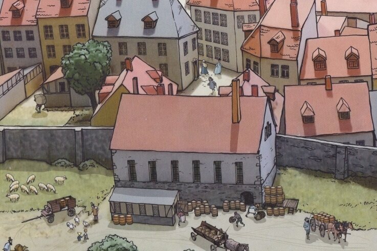 Wo die Bürger in Reichenbach ihr Bier brauten - Das kommunale Brauhaus in Reichenbach um 1833, gezeichnet vom Mylauer Illustrator Jörg Halsema. 