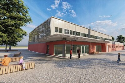 Wunschprojekt Sporthalle Niederwiesa: Rohbau ist bald fertig - So soll die neue Halle in Niederwiesa einmal aussehen. Läuft alles wie geplant, ist sie Ende 2023 fertig. 