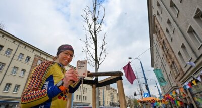 Zehn Eichen für die Chemnitzer Reitbahnstraße - Stefanie Zelt, Gewinnerin des Stadtradelns, mit der Plakette zu Ehren ihres Erfolges. Sie will auch dieses Jahr wieder teilnehmen. 