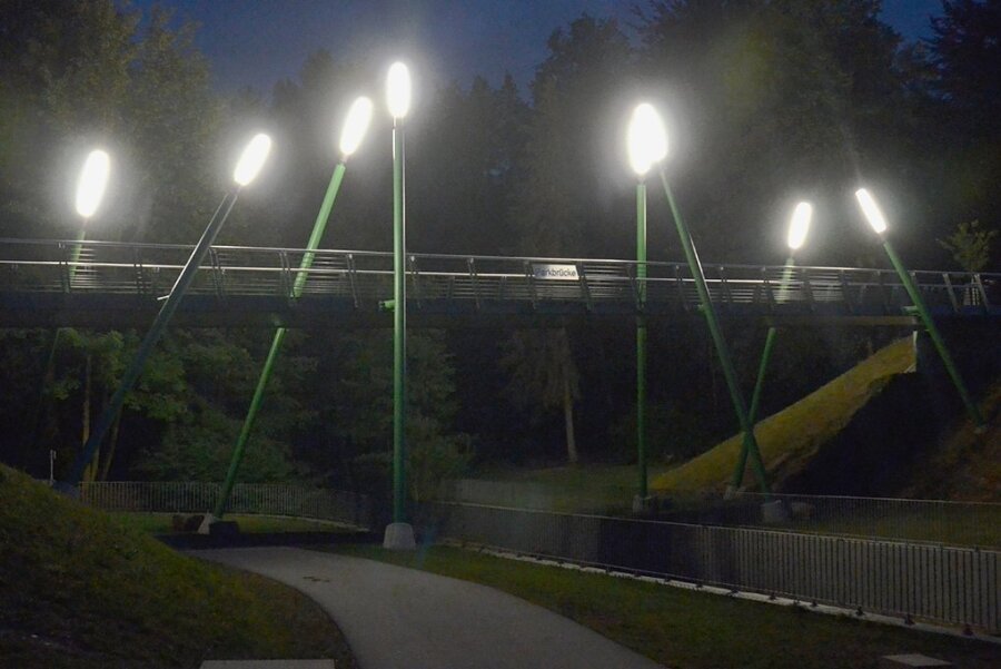 Die Beleuchtung der Rodewischer Parkbrücke sei falsch ausgerichtet, sie schade der Natur und blende die Menschen, moniert Volkmar Ihle als "Pate der Nacht". Bürgermeisterin Kerstin Schöniger sieht das Licht als "stilistisches Element". "Das bleibt so", bekräftigt sie. 